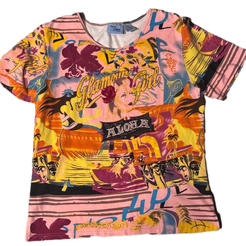 Vintage Jane Ashley Miss Sixty Style Glamour Girl Aloha Graphic Women 2X Retro